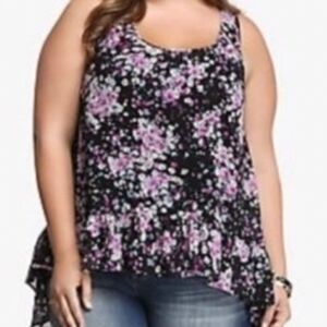Torrid Floral Chiffon Sheer High Low Tank Top Blouse Purple Black Sz 0X